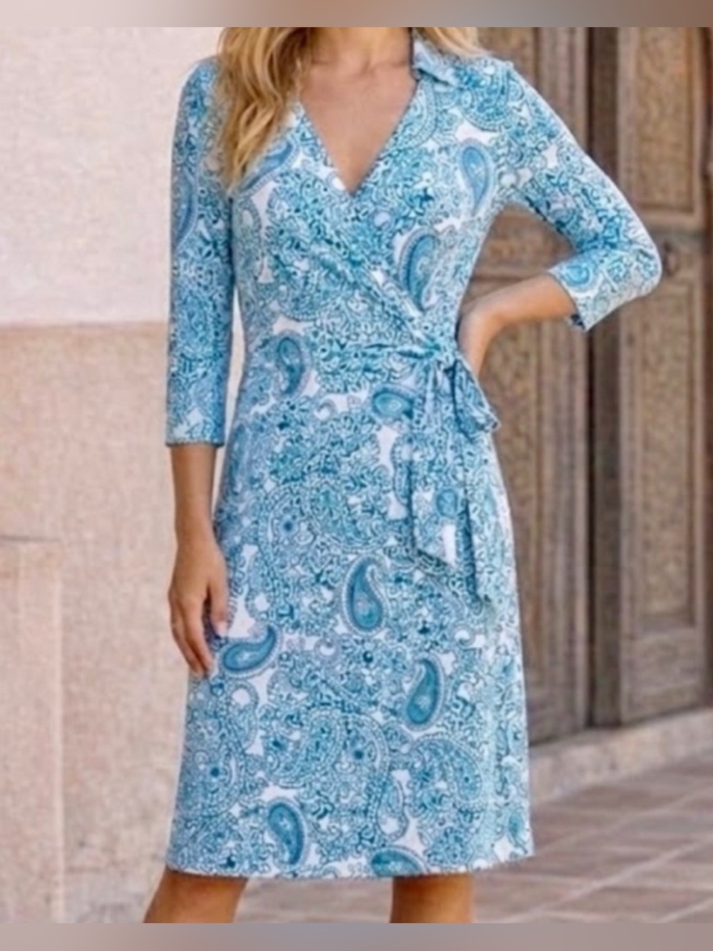 Talbots Blue Paisley Stretchy Wrap Dress Size XL NWT $149